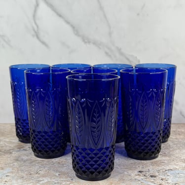 Set of Eight: Avon Royal Sapphire Ice Tea Tumblers, 14oz Cobalt Blue Water Glasses 