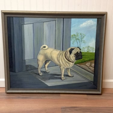 Pug waiting in the doorway painting - 1970s vintage dog art 