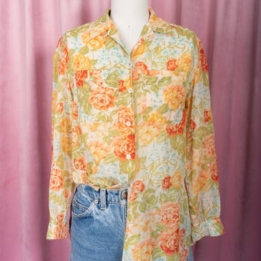 Vintage 90s Liz Claiborne LIZSPORT Featherlight Sheer Cotton Floral Print Button Down Shirt 