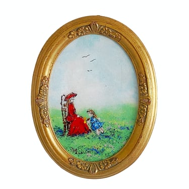 Small framed Enamel on copper oval painting, Mother and child, Nursery or girls room, Vintage Impressionistic art,  70s MCM decor 