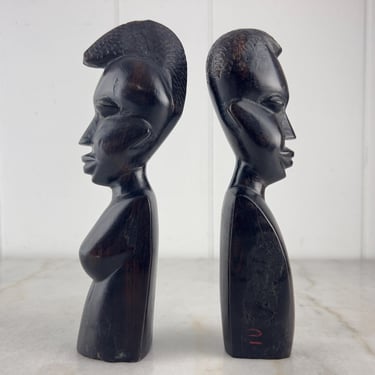 Vintage Ebony Wood Sculptures, Hand Carved Busts of Man and Woman, African Art, for vintage home decor, collectible, shelf decor, gift 