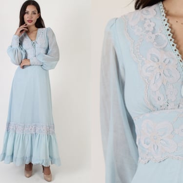 Baby Blue Lace Up Corset Maxi Dress / Renaissance Faire Style Clothing / 70s Prairie Lace Sleeves / Womens Fairycore Bridal Gown 