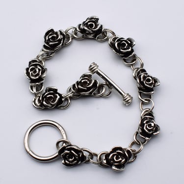 Gothic 80's 925 silver black enamel roses bracelet, edgy enameled sterling floral toggle clasp bracelet 