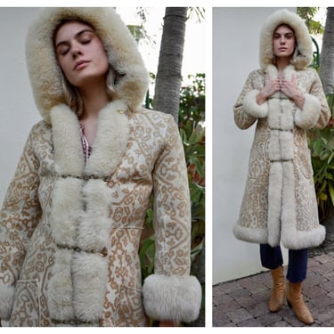 1960's Printed Suede Hooded Princess Coat / Vintage Fur + Suede Leather / 1970's Almost Famous / Penny Lane Coat / Sterling Gold Chain Coat 