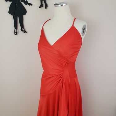 Vintage 1970's Red Disco Dress / 70s Polyester Asymmetrical Dress S 