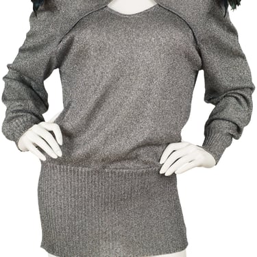 Mila Schön 1980s Vintage Avant-Garde Feather Shoulder Silver Lurex Sweater 