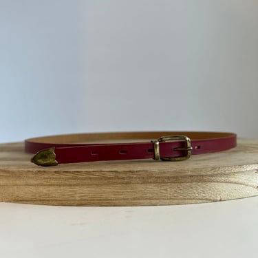 Vintage 90s Red Leather Thin Skinny Brass Buckle Tipped Belt Size XS 