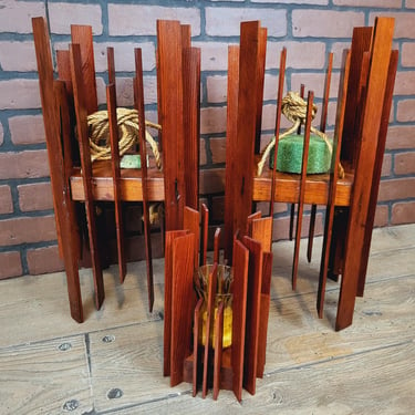 Pair of Vintage Mid Century Modern Wood Slat Hanging Planters with Matching Candle Holder 