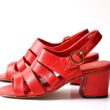 Unworn 1960s Mod Candy Apple Red Leather Block Heel Sandals Made in Italy - Vintage Quali-Craft Women's Shoes - Size 5.5 