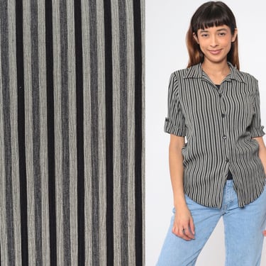 Grey Striped Top 90s Blouse Twofer Attached Undershirt Black Short Tab Sleeve Button Up Shirt Retro Collared Casual Vintage 1990s Medium 