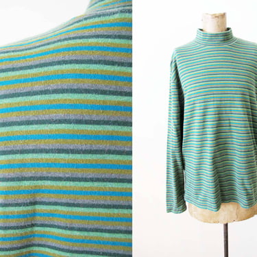 90s Striped Mockneck Shirt M L - Green Yellow  Baggy Turtleneck Long Sleeve Shirt - Drop Shoulder Oversized Gender Neutral 