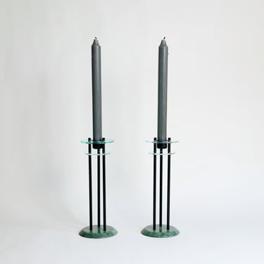 Postmodern Candle Holders, Stone & Lucite Candlesticks, Green Granite Decor, Vintage 1980’s 