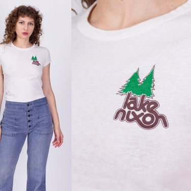 80s Lake Nixon Tourist T Shirt - Extra Small | Vintage Women's White Graphic Travel Tee 