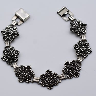 40's sterling forget-me-not link bracelet, oxidized 925 silver flowers PAT 236854 slide clasp bracelet 