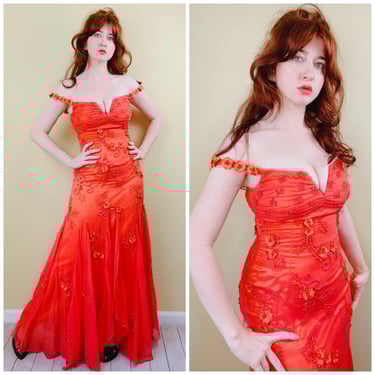 Y2K Magical Scala Melon Orange Beaded Fairy Dress / Silk Off Shoulder 3D Flower Floral Whimsical Gown / Size Small 
