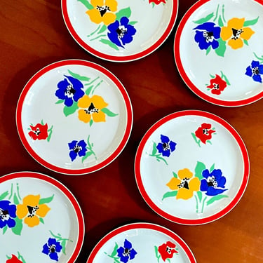 6 Vintage Small, Bread n Butter Plates, Anemone pattern by Block - Red Blue Yellow Green, Vista Alegre line, Bold Flowers, Grand Millennial 