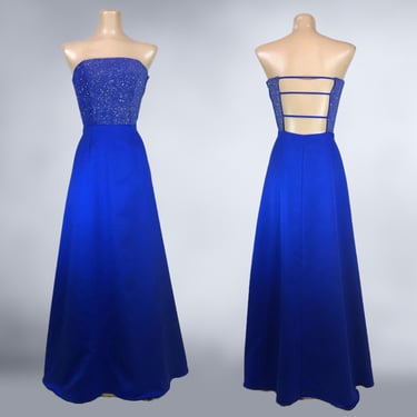 VINTAGE 90s Bright Blue Sparkle Strapless Ball Gown Prom Dress by Jump Apparel Sz 5/6 | 1990s Open Cage Back Formal Gown Party Dress | VFG 