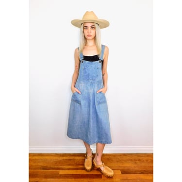 h.i.s. Overall Dress // vintage sun overalls denim 70s boho hippie cotton hippy midi // XS/S 