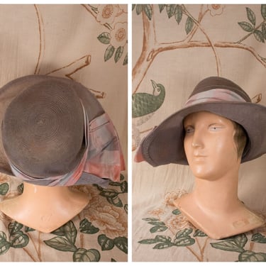1920s Hat - Gorgeous Early 20s Brimmed Cloche, Translucent Woven Horsehair Summer Hat in Grey with Plaid Ribbon 