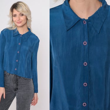 Blue Cropped Blouse 90s Silky Rayon Crop Top Liz Claiborne Long Sleeve Shirt Collared Button Up Shirt Party Top 1990s Vintage Plain Small 4 