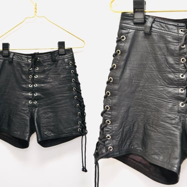 80s 90s Vintage Black Leather Shorts Hot Pants Leather Lace Up Short Shorts XS Small Black Leather shorts LA ROXX 