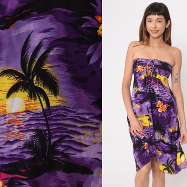 Strapless Sun Dress Purple Palm Tree Sailboat Sundress 00s Tropical Floral Summer Midi Vintage High Low Hem 2000s Extra Small xs 2xs 