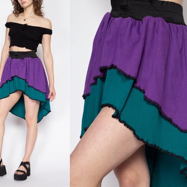 Sm-Med 90s Color Block High-Low Hem Mini Skirt | Vintage Purple Green Lettuce Hem High Waisted Flowy Skirt 