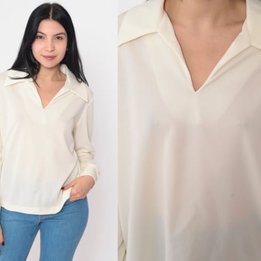 Off-White Blouse 70s Long Sleeve Top Semi-Sheer Shirt Collared V Neck Retro Boho Simple Seventies Long Sleeve Plain Vintage 1970s Medium M 