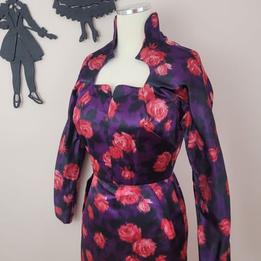 Vintage 1950's Floral Dress / 60s Pink Rose Cocktail Dress S 