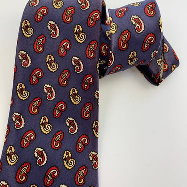 1940's-50's Paisley Tie - TEXTRON Label - Bluish Purple Background with Red, Yellow & Cream 