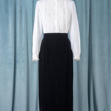 Vintage 80s Mary Ann Restivo Black Silk Velvet Long Skirt with High Front Slit and Pockets 