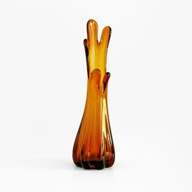 Small Amber Glass Swung Five Finger Stretched Bud Vase 