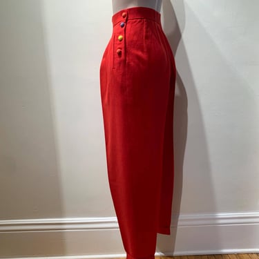 1950's Women's Red Wool Trousers - High Waisted Pleated Sailor Style Pants - Slash Pockets - Cool Colored Buttons - 28 Inch Waist 