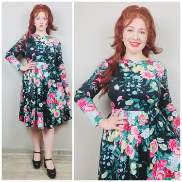 1980s Vintage Expo Petite Black Floral Knit Dress / 80s / Eighties Pink Flower Jersey Fit and Flare Dress / Size Medium 