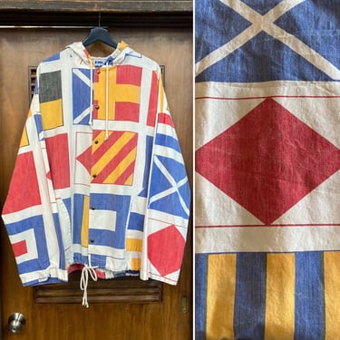 Vintage 1980’s Size L “Michigan Rag” Nautical Semaphore Flag Design Hooded Beach Jacket, 80’s Vintage Clothing 