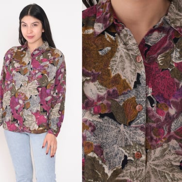 Leaf Print Blouse 90s Button Up Shirt Long Sleeve Collared Top Leaves Print Boho Retro Pink Purple Green Brown Vintage 1990s Dudwell Large L 