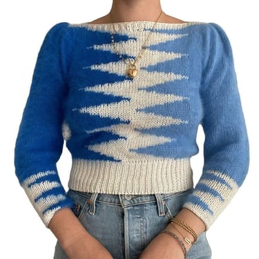 Vintage 80s Hand Knit Soft Fluffy Angora Blue Zig Zag Retro Cropped Sweater Sz S 