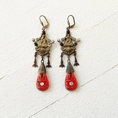 Vintage Metal + Gemstone Buddha Chandelier Earrings 