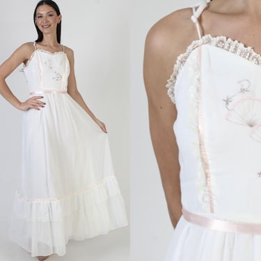 70s Candi Jones Embroidered Dress, Adjustable Shoulder Ties, Vintage Cottagecore Bridal Party Gown 