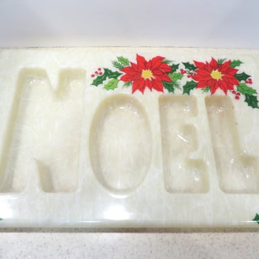 Vintage Noel Christmas Molded Fiberglass Serving Tray with Poinsettias 