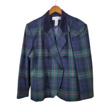 Vintage Wool Plaid Blazer Jacket 14 Green Blue Velvet Collar Blackwatch Tartan 