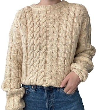 Vintage Unisex 100% Wool Cream Light Yellow Cable Knit Fisherman Sweater Sz M 