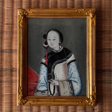 Small 19th C. Chinese Export Reverse Painting on Glass Portrait of a Woman in Black, White & Blue Robe