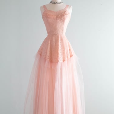 Romantic Ballet Slipper Pink Tulle &amp; Lace Party Dress From The 1950's / Small