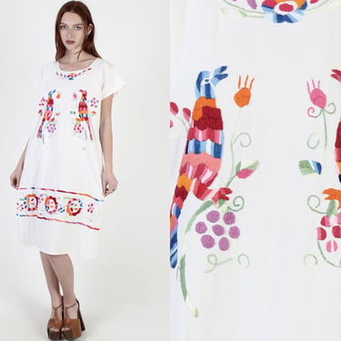 Made In Mexico Embroidered Birds Dress / White Cotton Mexican Dress / Vintage 70s Bright Floral Beachwear Vacation Shift Mini Dress 