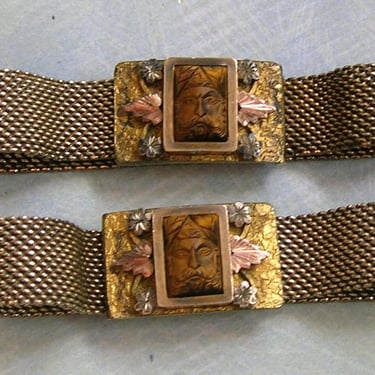 Two Matching Antique Victorian Multi Tone Gold Filled Mesh Wrap Bracelet with Carved Tiger Eye Man, Antique Victorian Mesh Bracelet (#4497) 