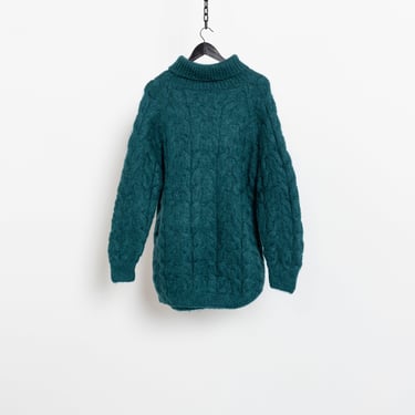 BLUE MOHAIR TURTLENECK cable knit sweater jumper Vintage oversize tunic / Medium Large 