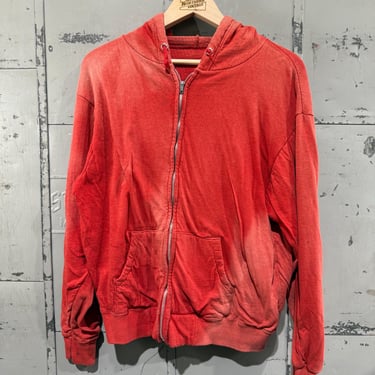 Vintage 1960s Thermal lined Zip Up Distressed Cotton Sweatshirt Hoodie Repaired Workwear Red Faded 