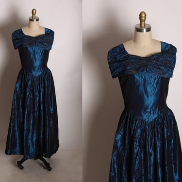 1980s Dark Blue Acetate Gold Detail Cap Sleeve Formal Prom Dress -S 