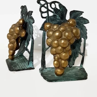 Brass Bookends Grape Clusters and Verdigris Leaves Bookends - Tuscany Style Decor